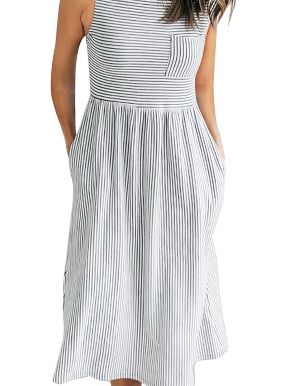 Sleeveless White & Black Striped Midi Dress with Pockets